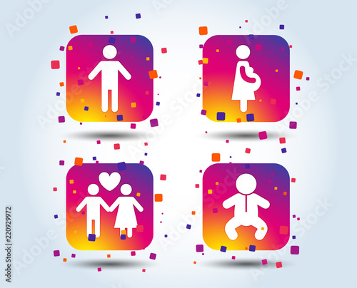 Family lifetime icons. Couple love, pregnancy and birth of a child symbols. Human male person sign. Colour gradient square family buttons. Flat design concept. Vector