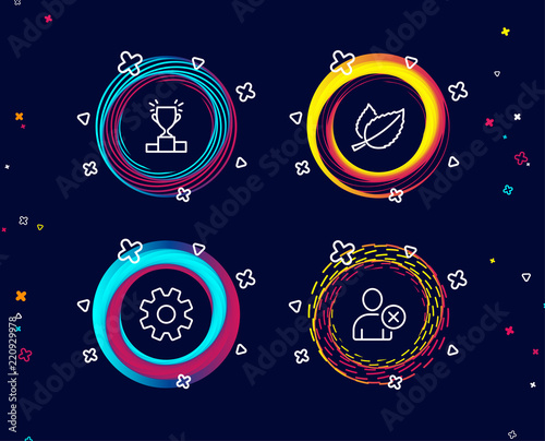 Set of Winner podium, Mint leaves and Service icons. Delete user sign. Competition results, Mentha herbal, Cogwheel gear. Remove profile.  Circle banners with line icons. Gradient colors shapes