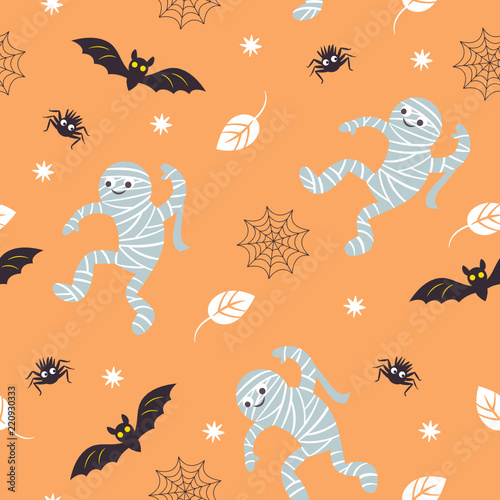 seamless Halloween background, fun mummies, bat and spider