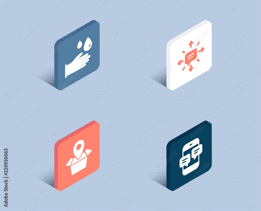 Set of Sms, Package location and Rubber gloves icons. Phone messages sign. Conversation, Delivery tracking, Hygiene equipment. Mobile chat.  3d isometric buttons. Flat design concept. Vector