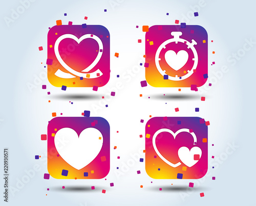 Heart ribbon icon. Timer stopwatch symbol. Love and Heartbeat palpitation signs. Colour gradient square buttons. Flat design concept. Vector