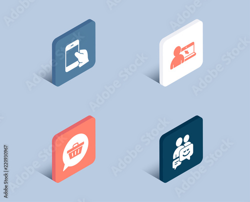 Set of Hold smartphone, Shopping cart and Online education icons. Communication sign. Phone call, Dreaming of gift, Internet lectures. Business messages.  3d isometric buttons. Flat design concept