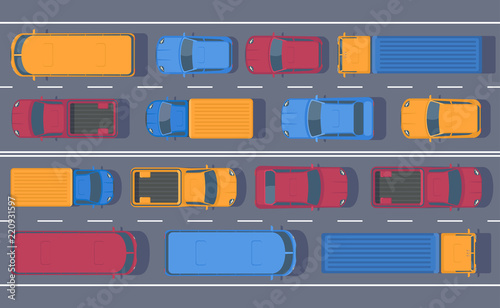 Road dence traffic on motorway or highway. Different car on road. Traffic jam.