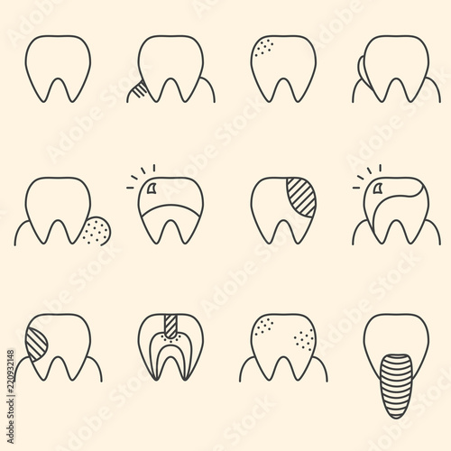 Set of minimalistic teeth illustration with different diseases