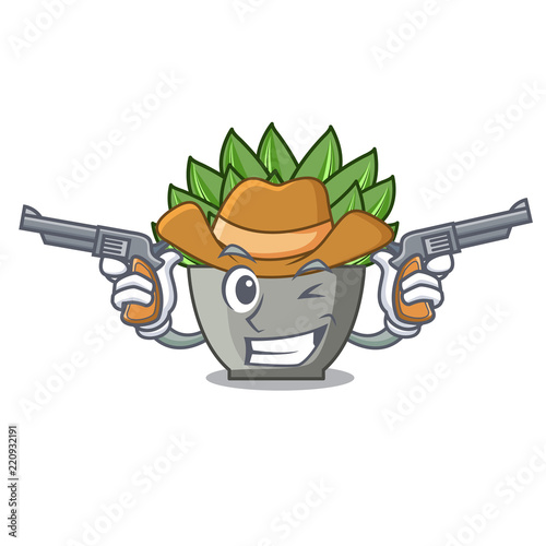 Cowboy character cartoon pot plant echeveria cactus
