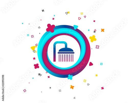 Shower sign icon. Douche with water drops symbol. Colorful button with icon. Geometric elements. Vector