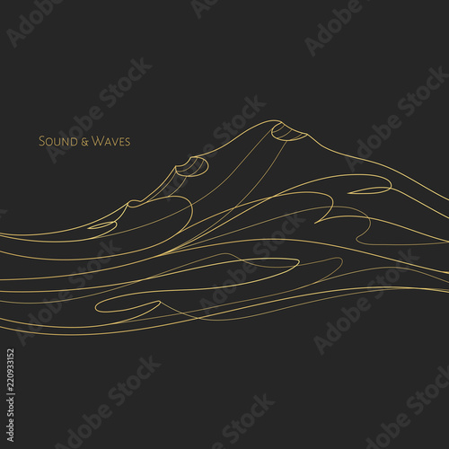 Black abstract background, cover, wallpaper design with golden line hills, waves. Music premium art concept with waveforms, gold lines, modern print. Electronic, classic musical creative illustration 