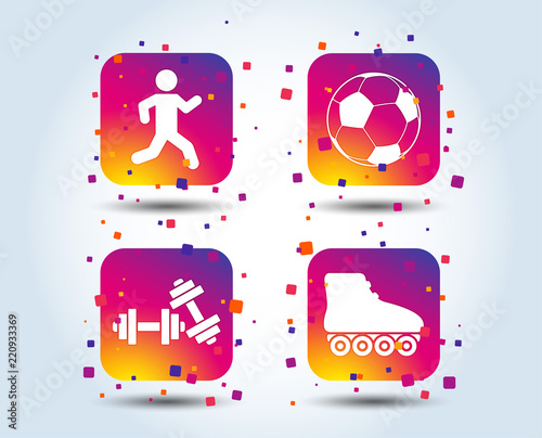Football ball, Roller skates, Running icons. Fitness sport symbols. Gym workout equipment. Colour gradient square buttons. Flat design concept. Vector