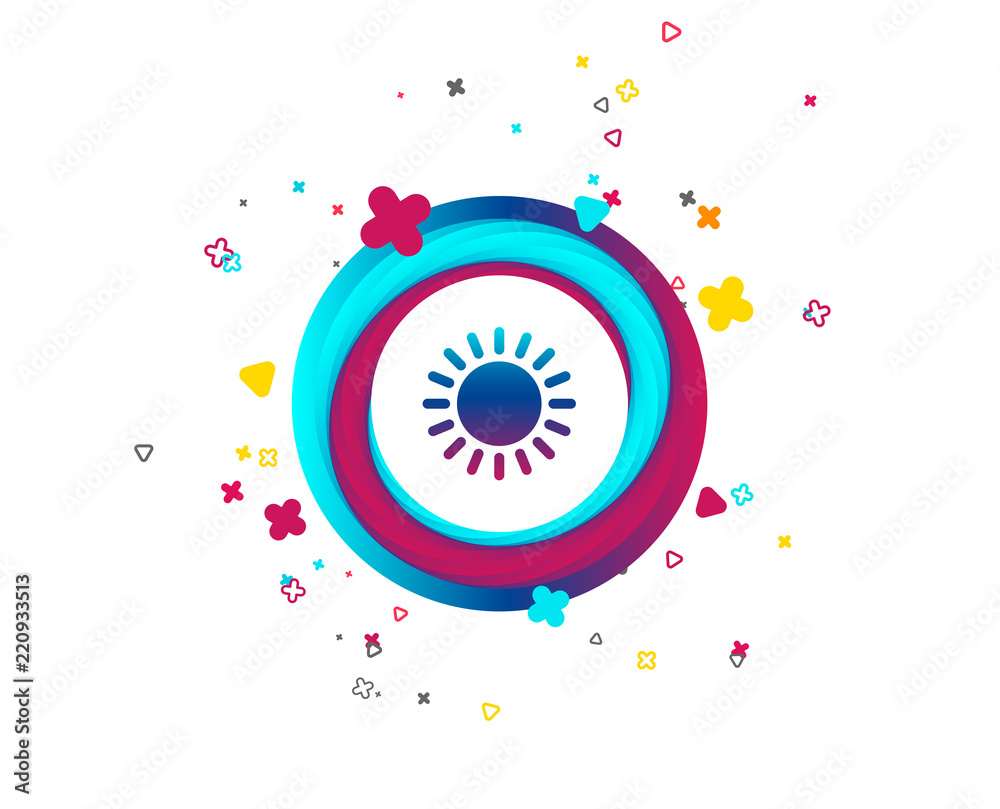 Sun icon. Sunlight summer symbol. Hot weather sign. Colorful button with icon. Geometric elements. Vector
