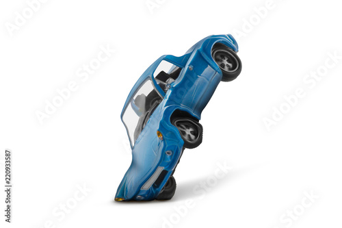 Blue car accident with damage scene, Car crash insurance. Travel, Safety, Transport and Traffic accident concept. Isolated on white background.