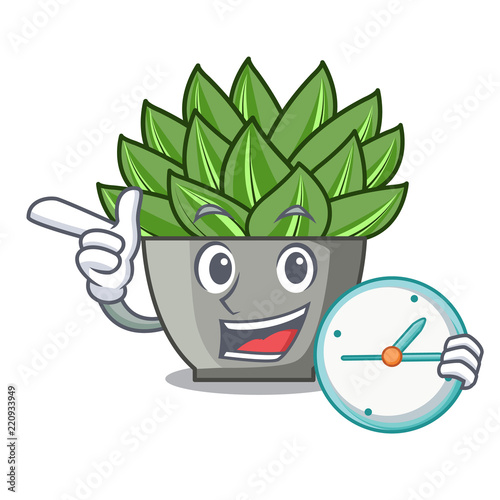With clock view of green echeveria cactus cartoon