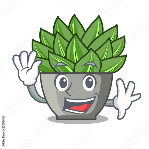 Waving view of green echeveria cactus cartoon