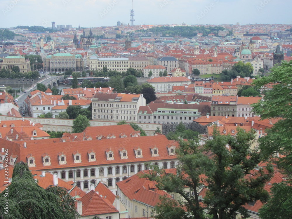 Fototapeta premium Panorama of Prague, view of the city roofs and domes of churches