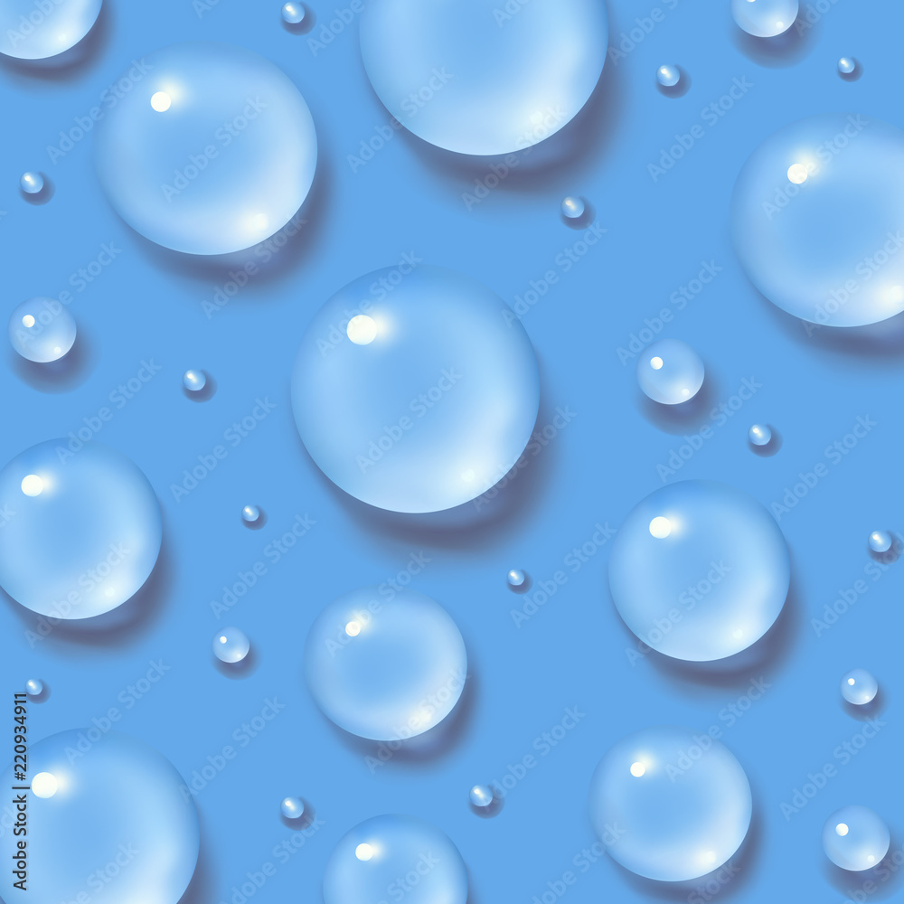 Drops of water. Abstract blue liquid background. 3d realistic vector illustration. Realism style. Macro