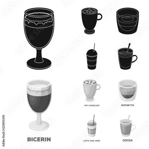 Ristretto, hot chocolate, latte take-away.Different types of coffee set collection icons in black,monochrome style vector symbol stock illustration web.