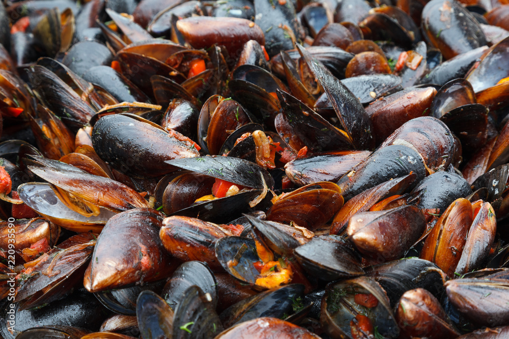 Mussels cooked in sauce with vegetables in a frying pan Mussels cooked in sauce with vegetables in a frying pan