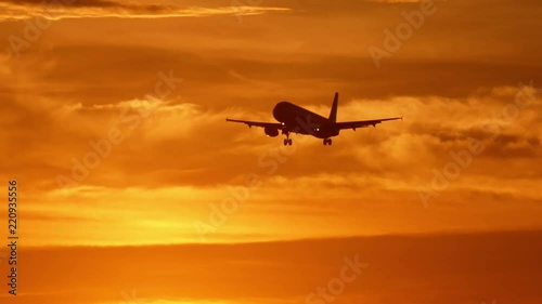 The aircraft flies in the sky in the sunset light