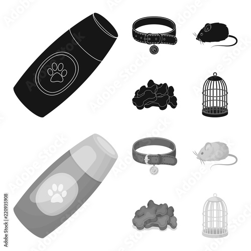 A collar, a forage, a toy, a cage and other products of the zoo store.Pet shop set collection icons in black,monochrome style vector symbol stock illustration web.
