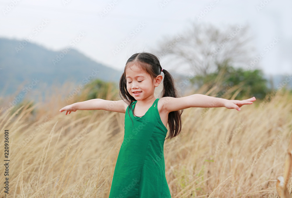 Asian Child girl closed eyes and outstretched arms in the dried grass field. Asian Child girl closed eyes and outstretched arms in the dried grass field.