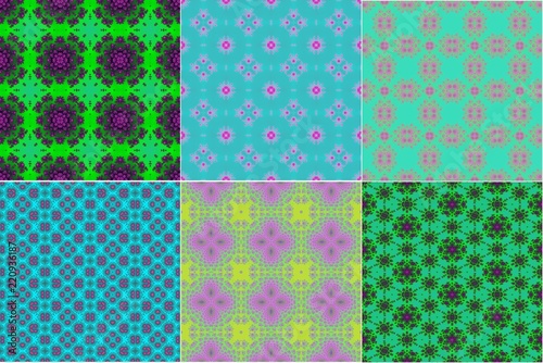 Vivid beauty feminine floral geometric ornate art deco seamless pattern set. Collection of colorful sweet style design textures.