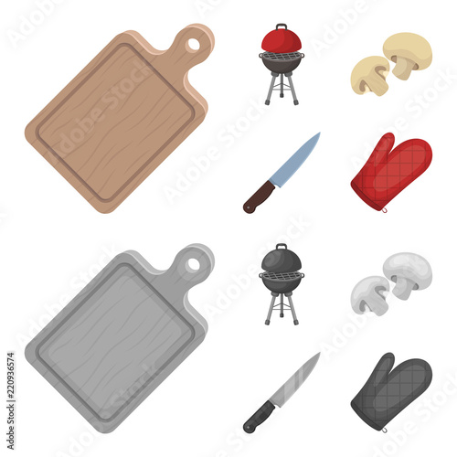 Barbeque grill, champignons, knife, barbecue mitten.BBQ set collection icons in cartoon,monochrome style vector symbol stock illustration,web