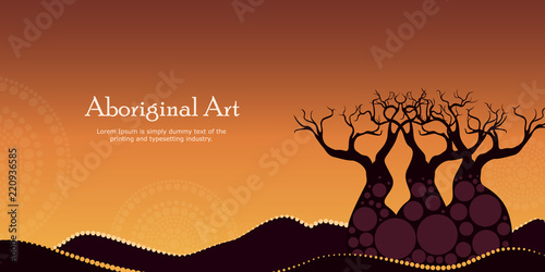 Aboriginal art landscapes vector banner background. Mountain with tree - Nature concept