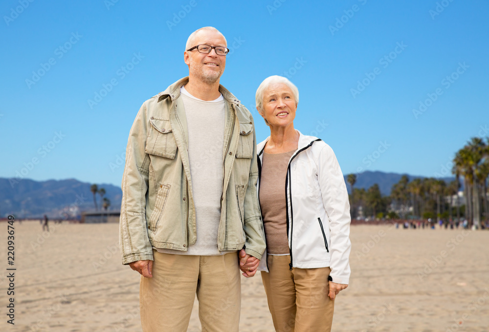 old age, travel and tourism and people concept - happy senior couple holding hands over venice beach background in california old age, travel and tourism and people concept - happy senior couple holding hands over venice beach background in california