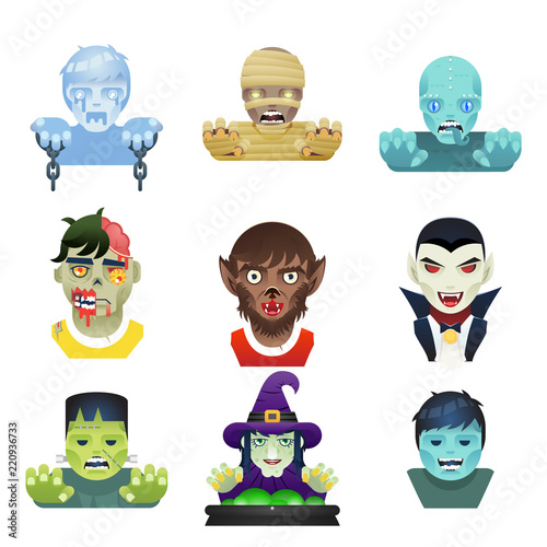 Avatar halloween party role characters bust icons flat design greeting card template vector illustration