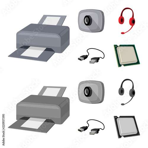 Webcam, headphones, USB cable, processor. Personal computer set collection icons in cartoon,monochrome style vector symbol stock illustration web.