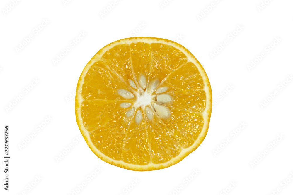 Orange fruit slice isolated on white background,Clipping path close up.
