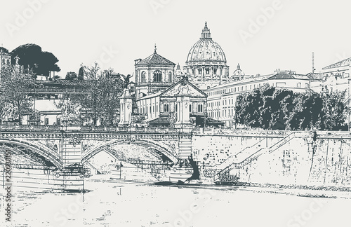 Vector image of the city of Rome with a view of the Tiber River 