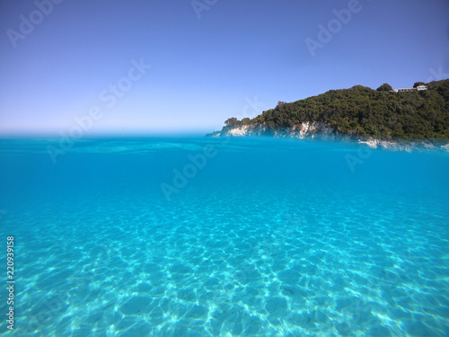 Sea level underwater photo of tropical caribbean paradise turquoise beach in exotic island located in an ocean © aerial-drone