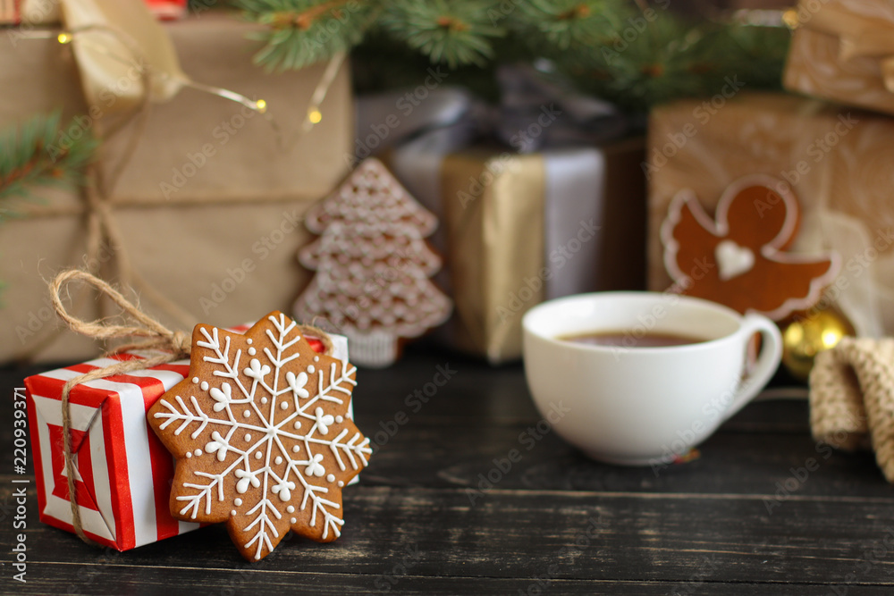gingerbread. gifts and holiday, happy New Year. festive background. . food background. top view gingerbread. gifts and holiday, happy New Year. festive background. . food background. top view