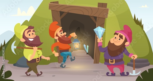 Dwarves in the mine. Vector characters of dwarves which mine golden rocks. Illustration of dwarf miner, gnome with pick