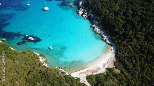 Aerial drone bird's eye view photo of iconic tropical paradise beaches of Voutoumi and Vrika with turquoise clear sea, Antipaxos island, Ionian, Greece © aerial-drone