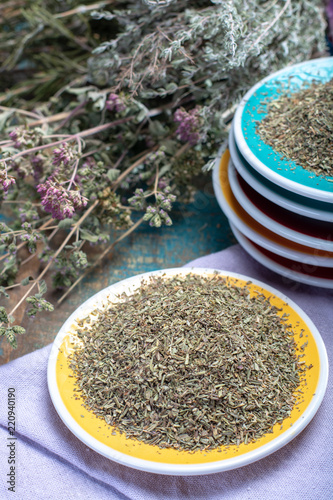 Herbes de Provence, mixture of dried herbs considered typical of the Provence region, blends often contain savory, marjoram, rosemary, thyme, oregano, lavender leaves, used with grilled foods, stews.
