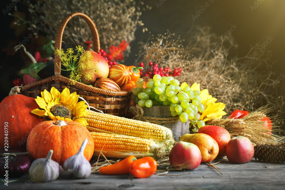 Happy Thanksgiving Day background, wooden table decorated with Pumpkins, Maize, fruits and autumn leaves. Harvest festival. Selective focus. Horizontal. Happy Thanksgiving Day background, wooden table decorated with Pumpkins, Maize, fruits and autumn leaves. Harvest festival. Selective focus. Horizontal.