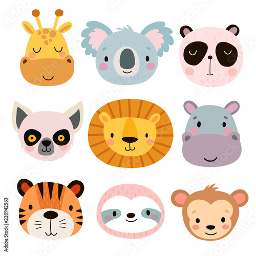 Cute animal faces. Hand drawn characters. © lumencre