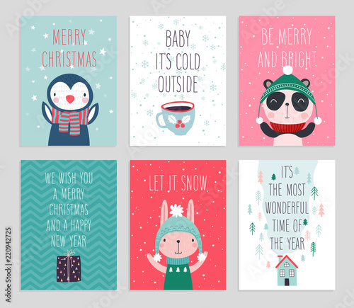 Christmas card set with Cute animals. Hand drawn characters. Greeting flyers.