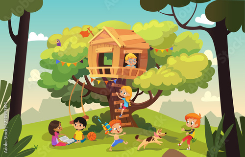 Happy multiracial boys and girls playing and having fun in the treehouse, kids playing with dog, and watering gun, reading book and climb ladder in the neighborhood. Detailed vector Illustration.