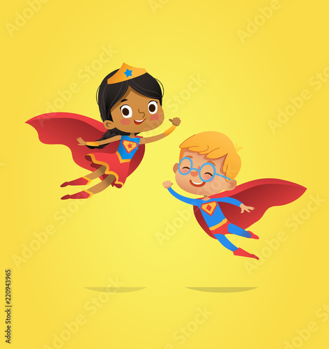Boy and African American Girl  wearing costumes of superheroes fly. Cartoon vector characters of Kid Superheroes isolated. Can be used for party  invitations  web  mascot