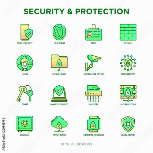 Security and protection thin line icons set: mobile security, fingerprint, badge, firewall, face ID, secure folder, surveillance camera, keyset, shredder, encrypted messaging. Vector illustration.