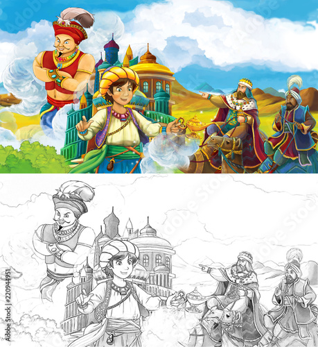 cartoon scene with prince or king traveling near arabian castle meeting some travelers on camels and flying jinn - illustration for children photo