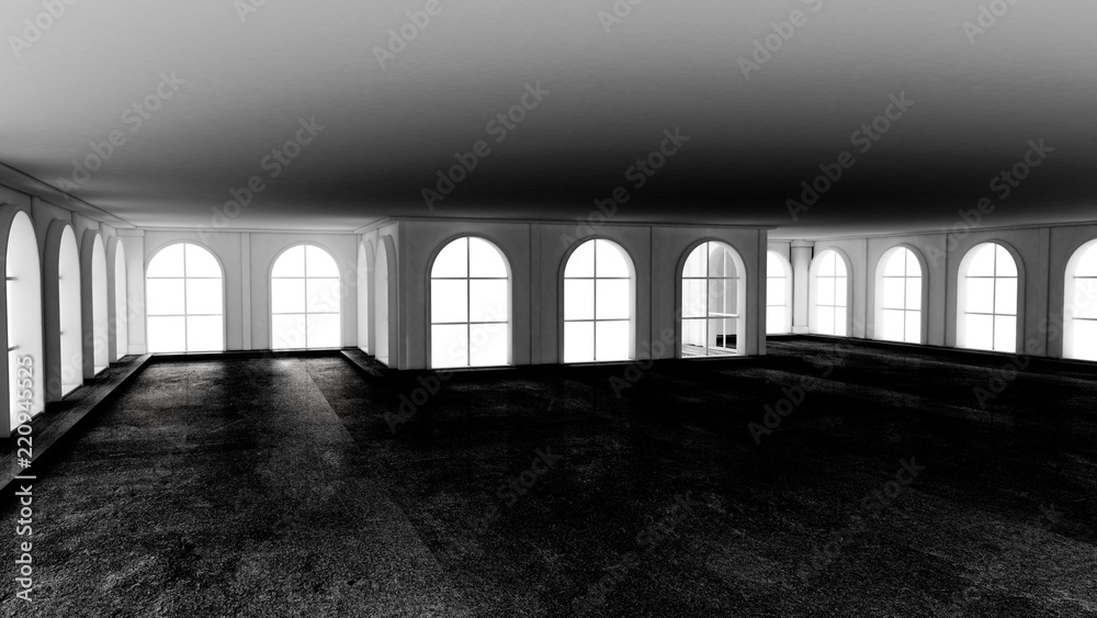Gloomy empty interior with stone floor. 3d illustration, 3d rendering.