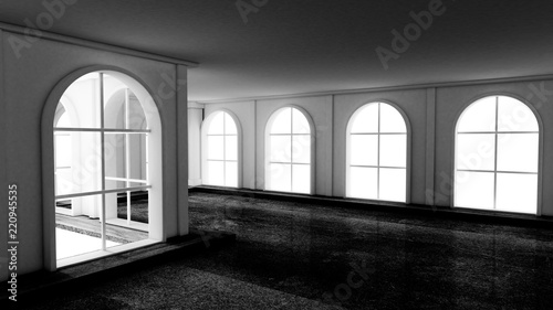 Gloomy empty interior with stone floor. 3d illustration, 3d rendering.
