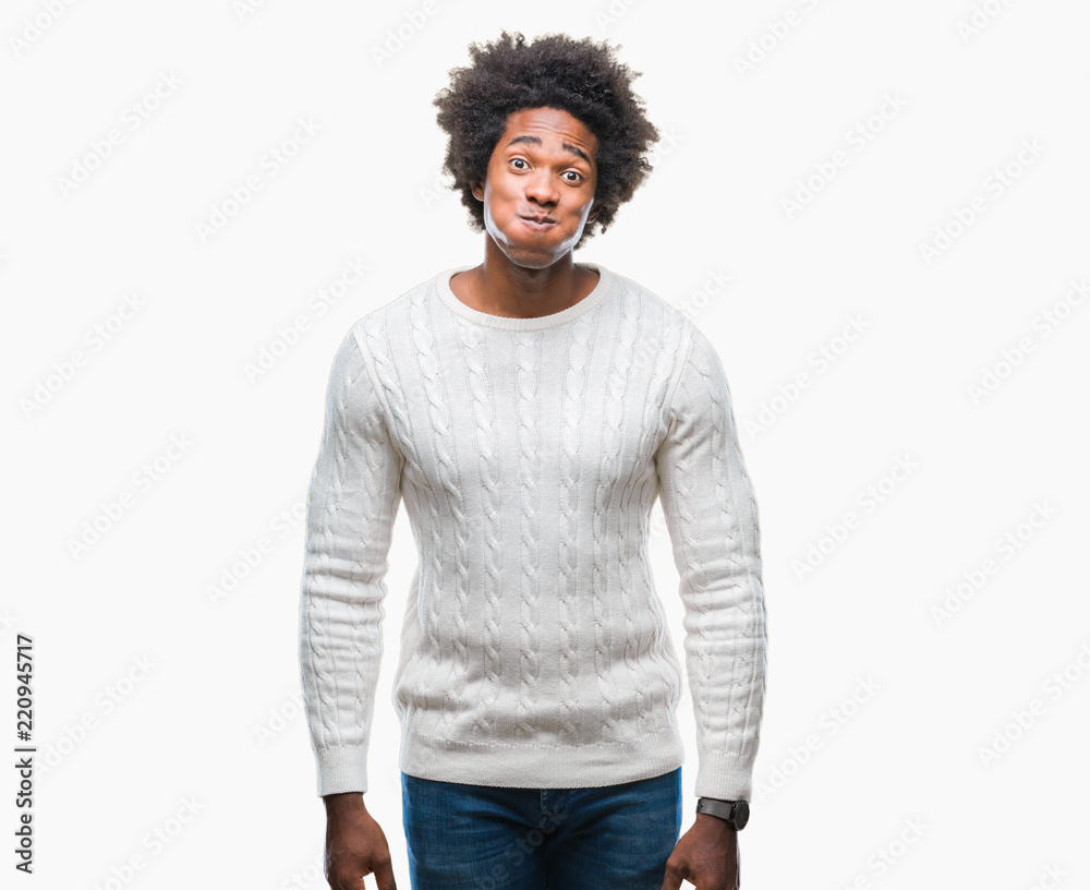 Afro american man over isolated background puffing cheeks with funny face. Mouth inflated with air, crazy expression. Afro american man over isolated background puffing cheeks with funny face. Mouth inflated with air, crazy expression.