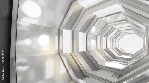 Fantastic futuristic space interior of the tunnel. 3d illustration, 3d rendering.