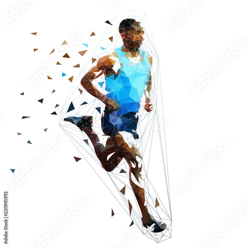 Running man  low polygonal colorful illustration. Vector geometric runner. Side view