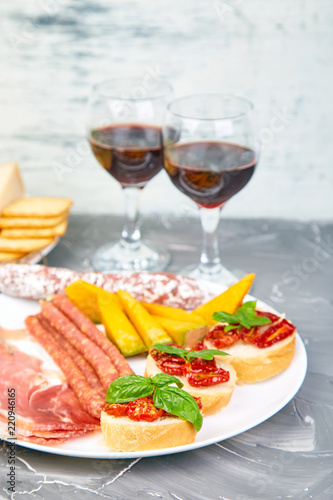 Italian antipasti wine snacks set. Italian food.