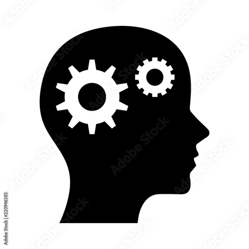 Simple, flat, black silhouette profile head thinking illustration. Head with gears inside. Isolated on white